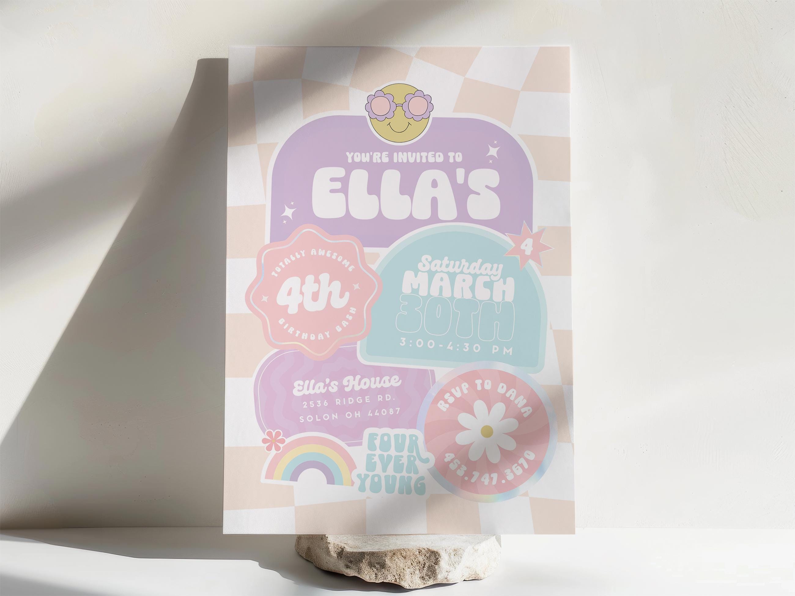 Editable Four Ever Young Birthday Checkered Smiley Face Fourth Birthday Invite, Groovy Retro Emoji Invitation Girl 4th Birthday Template
