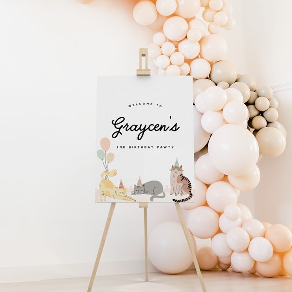 Cat Birthday Welcome Sign Template Girl Kitty Cat Party Pastel Kitty Cat Party Editable Corjl Templates INSTANT DOWNLOAD