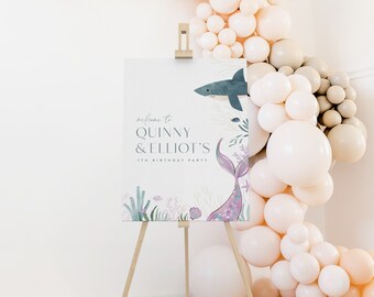 Shark and Mermaid Welcome Sign, Sibling Birthday, Editable Digital Template INSTANT DOWNLOAD