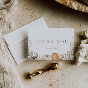 Szablon karty z podziękowaniami z dyni, boho kartka z notatkami z dyni, mały baby shower z dyni, jesienny prysznic edytowalny cyfrowy natychmiastowy do pobrania