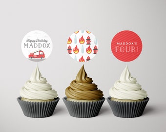 FireTruck Cupcake Toppers, Fire truck birthday, Modern Fire truck, firetruck, fire engine, INSTANT DOWNLOAD