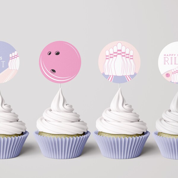 Bowling Birthday Cupcake Toppers, Girl Birthday, Editable Bowling Party Toppers, INSTANT DOWNLOAD