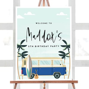 Surf Birthday Welcome Sign: Modern Blue Surfboard Party (Instant Download)