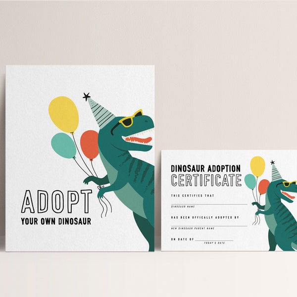 Dinosaur Birthday Adopt a Dinosaur Sign and Adoption Certificate | 8x10 Party Sign | Instant Download
