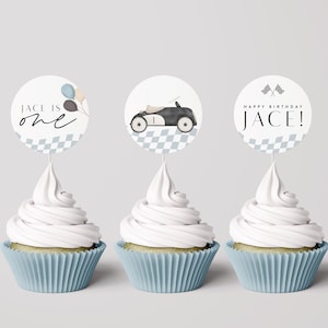 Vintage Race Car Cupcake Toppers Template, Race Car Birthday, Fast One, Two Fast, Any Age, Editable Digital Template, INSTANT DOWNLOAD