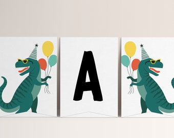 Editable Dinosaur Banner, TRex Birthday Bunting Template, Printable Digital File, Instant Download