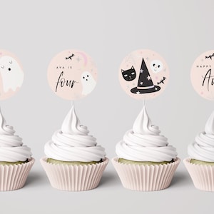 Pink Halloween Cupcake Toppers: Spooky Girl Birthday (Editable Template)