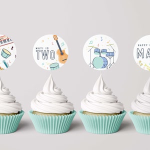 Muziek verjaardag cupcake toppers, muziekinstrumenten verjaardagsfeestje, zang en dans, bewerkbare digitale sjabloon, INSTANT DOWNLOAD