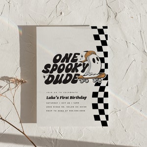 Spooky One Birthday Invitation: Retro Checkerboard, Ghost (Digital Download)