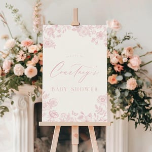 Rosa Baby-Dusche Willkommen Schild Vorlage, Vintage elegante Chinoiserie Blush Floral Baby Zeichen, viktorianischer französischer Toile bearbeitbar Sofort-Download