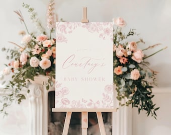Pink Floral Baby Shower Welcome Sign: Chinoiserie Toile (Editable Digital Download)