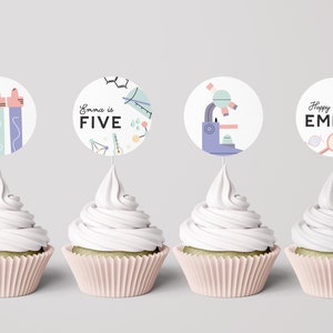 Science Birthday Cupcake Toppers, Girl Mad Scientist, Modern Science Party Decorations, INSTANT DOWNLOAD
