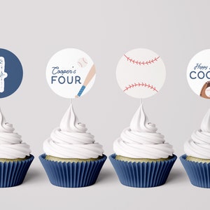 野球の誕生日カップケーキ トッパー、リトル ルーキー、オールスター、スポーツ、ビンテージ野球パーティー デコレーション、編集可能なテンプレート、即時ダウンロード