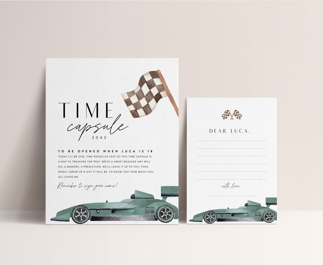 Car Racing Timezone Card Race Car Birthday Time Capsule, Two Fast, Fast One, Green Race Car ...