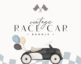 Vintage Race Car Bundle, Fast One, Two Fast, Boy First Birthday Party Package Editable Digital Corjl Templates Instant Download