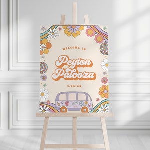 Cartel de bienvenida de cumpleaños con estilo retro, diseño de flores, fiesta hippie, fiesta de los años 70, plantilla digital editable, descarga instantánea