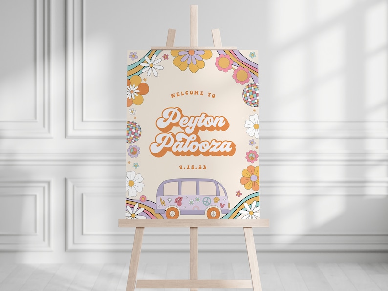 Groovy Birthday Party Sign Template Retro Festival Birthday Flower Hippie Party Vibe 70s Party Editable Digital Template Instant Download image 8