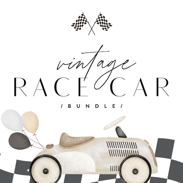 Vintage Cream Race Car Bundle, Fast One, Two Fast, Boy First Birthday Party Package Editable Digital Corjl Templates Instant Download