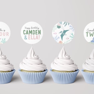 Dinosaurs and Mermaid Cupcake Toppers Dinos and Mermaids Stickers Sibling Birthday  Editable Digital Template INSTANT DOWNLOAD