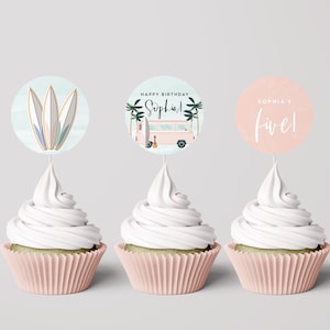 Surf Birthday Cupcake Toppers: Pink Surfboard Party (INSTANT DOWNLOAD)