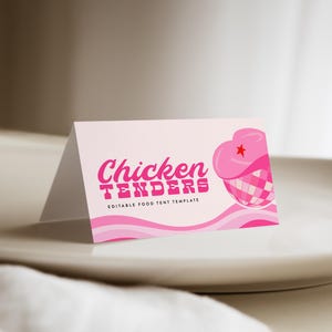 Plantilla de tarjeta de comida de vaquera disco, carpas de comida de rodeo para niñas digitales, etiquetas de comida de fiesta de vaquera disco rosa imprimibles, descarga instantánea editable