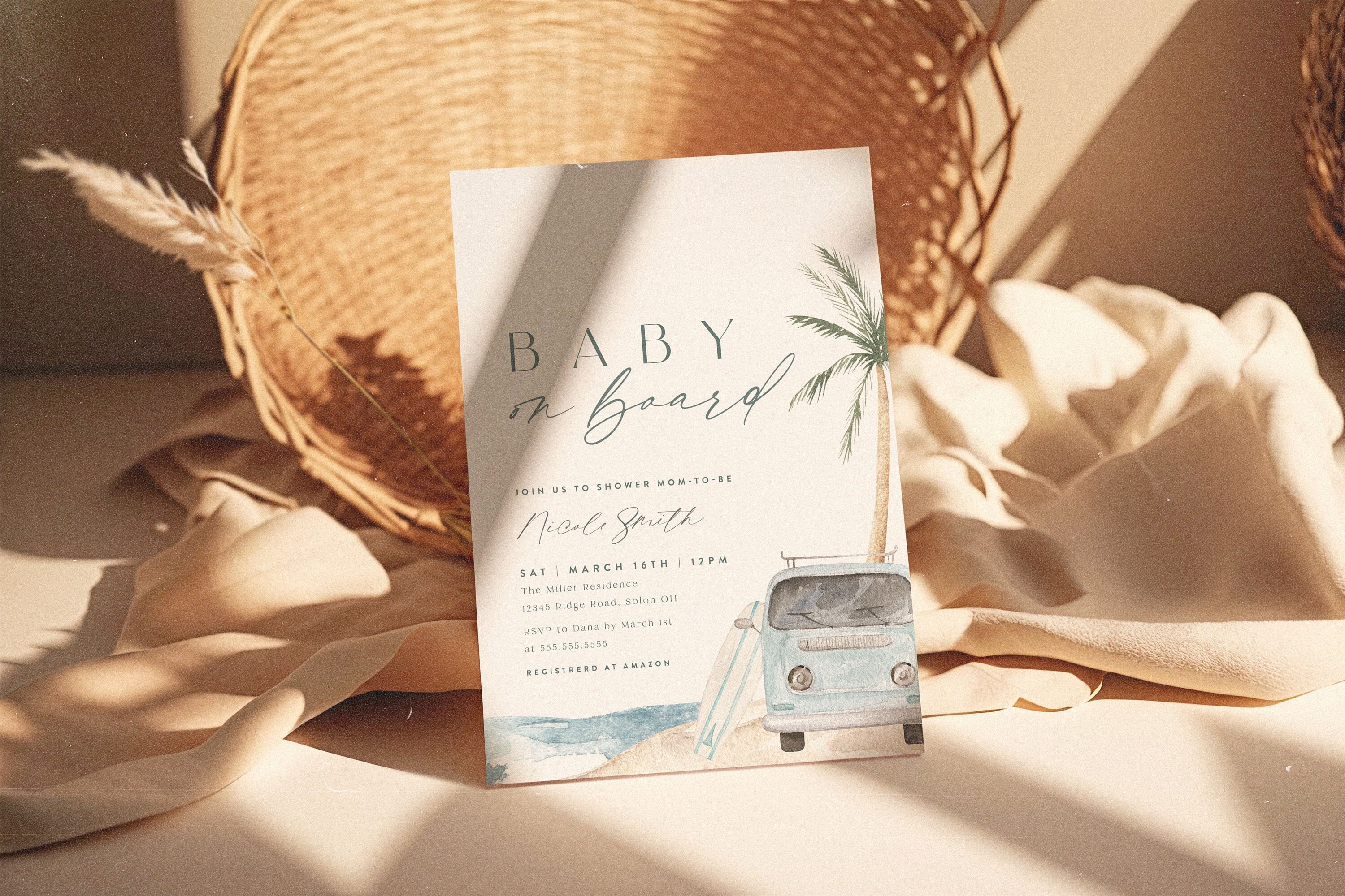 Surf Beach Baby Shower Invitation: Editable Template (5x7 in, Digital Download)