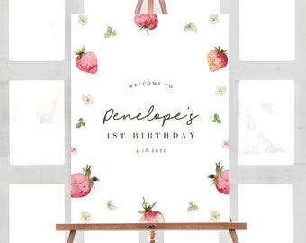 Strawberry Birthday Welcome Sign, Berry First Birthday, Editable Strawberry Party Decorations, INSTANT DOWNLOAD
