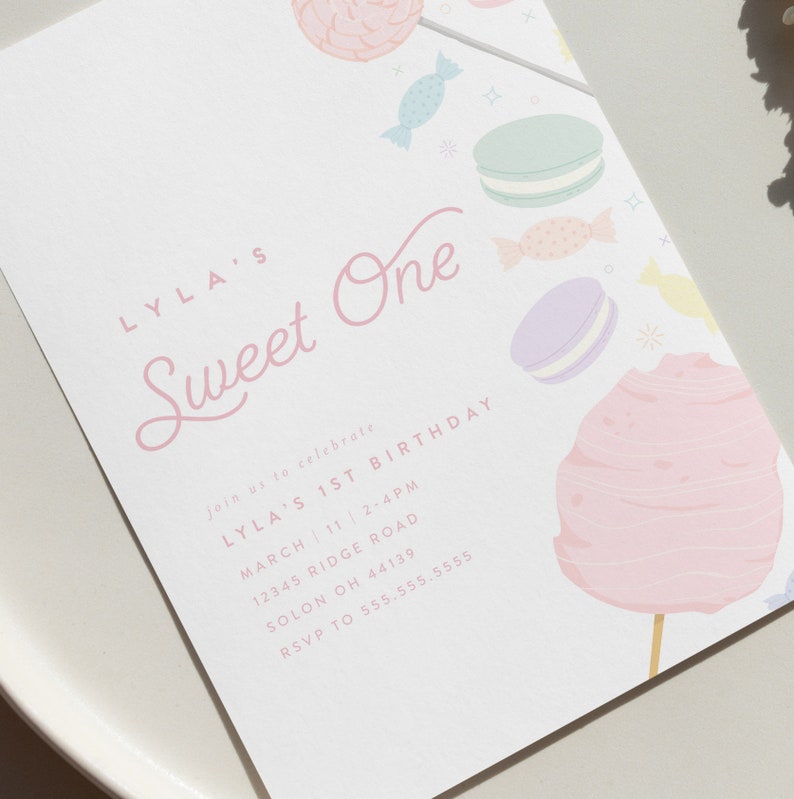 Sweet One Birthday Invitation Pastel Sweets Candy Sweets First Birthday Editable Digital Template INSTANT DOWNLOAD image 3