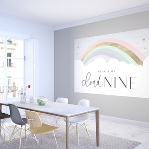 Pano de fundo de nove anos de nuvem, nuvem 9, nuvem, decorações de festa arco-íris, modelo editável, DOWNLOAD INSTANTÂNEO