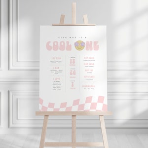 Een coole Babe Milestone Board, geruite roze smiley gezicht meisje partij, retro 1e verjaardag digitale bewerkbare sjabloon, Instant Download