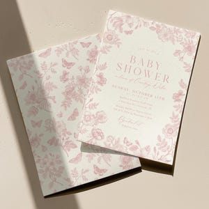 Modello di invito per baby shower rosa, invito per baby shower floreale cipria elegante vintage, invito modificabile in toile francese vittoriana