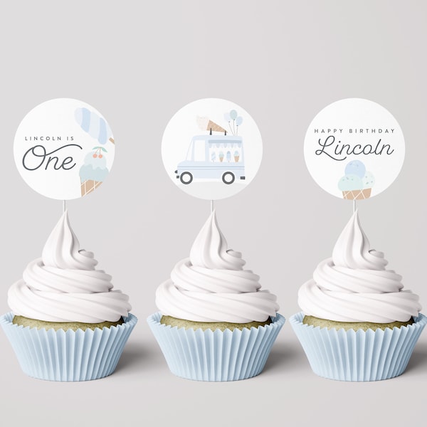 Ice Cream Truck Cupcake Toppers, Modern Ice Cream Truck, Boy Girl Ice Cream Party, Editable Digital Template,  INSTANT DOWNLOAD