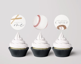 Modern Baseball Birthday Cupcake Toppers: Editable Template (Corjl)