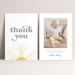 Cartão de agradecimento de aniversário Boho Sun, primeira viagem ao redor do sol, primeiro aniversário de menino, retrô, Boho, decorações para festas ao sol, DOWNLOAD INSTANTÂNEO