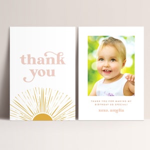 Carte de remerciement Boho Sun anniversaire, premier voyage autour du soleil, fille premier anniversaire, rétro, Boho, décorations de fête du soleil, téléchargement immédiat