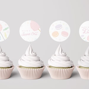 Sweets Birthday Cupcake Toppers Template, Pastel Sweets, Sweet One, Two Sweet, Editable Digital Template, INSTANT DOWNLOAD