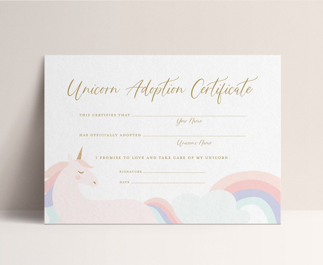Unicorn Adoption Certificate: Editable Party Favor (digital Template ...