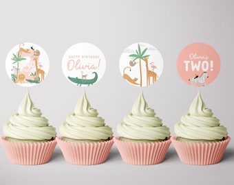 Two Wild Cupcake Toppers, Girl 2nd Birthday, Safari Wild Two Topper, Second Birthday Jungle Animals, Editable Toppers,  INSTANT DOWNLOAD