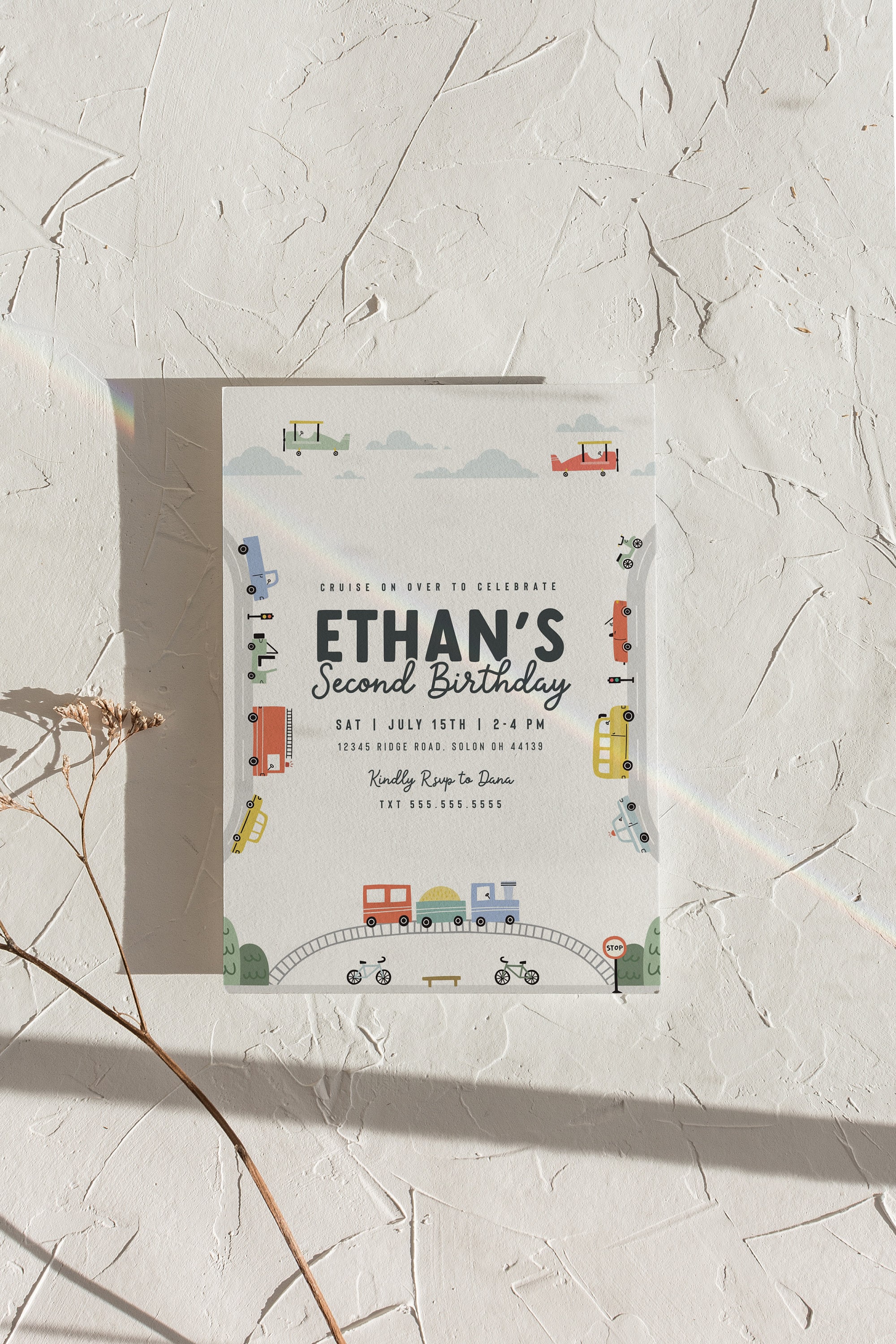 Transportation Birthday Invitation, Truck, Car, Train, Airplane, Cars Modern Birthday Invite, Editable Digital Template INSTANT DOWNLOAD
