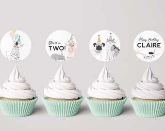 Dog & Cat Birthday Cupcake Toppers: Editable Pawty Decor (INSTANT DOWNLOAD)