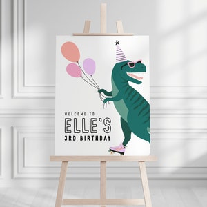Cartello di benvenuto per il compleanno di una bambina con dinosauri: festa del T-Rex color pastello (modello modificabile, download immediato)