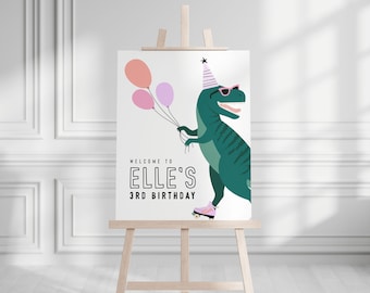 Girl Dinosaur Birthday Welcome Sign: Pastel T-Rex Party (Editable Template, Instant Download)