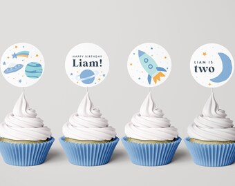 Two the Moon Cupcake Toppers: Boy Space Birthday (INSTANT DOWNLOAD)