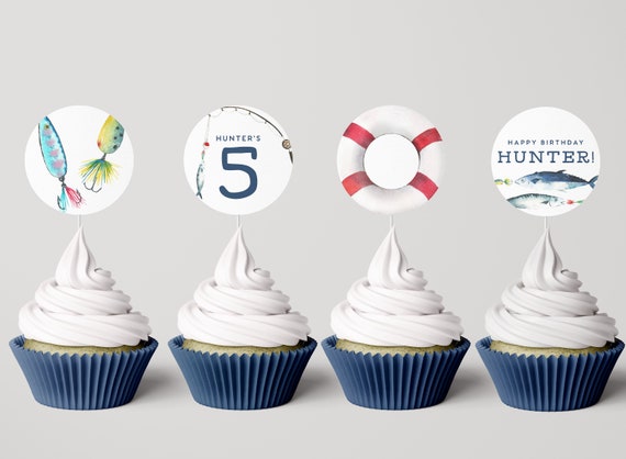 Editable Fishing Party Cupcake Toppers, O-fish-ally, the Big ONE