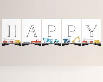 Banner de bandeira de transporte, estamenha de caminhões e carros, decorações de aniversário de caminhões e carros, banner de bandeira editável, DOWNLOAD INSTANTÂNEO
