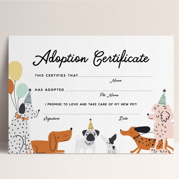 Certificat d'adoption Lets Pawty, fête des chiots, modèle Corjl, téléchargement immédiat