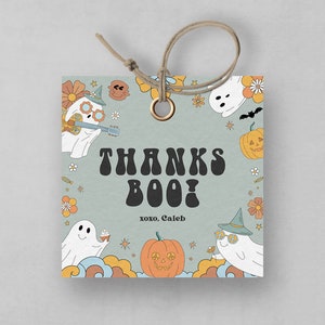 Spooky Retro Favor Tag, Boy Retro Halloween Birthday Decorations, Editable Template, INSTANT DOWNLOAD