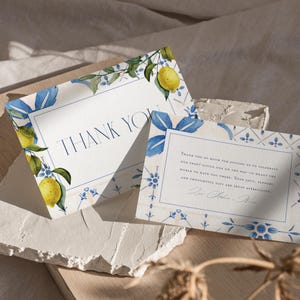 Zitrone-Babyparty-Dankeschön-Kartenvorlage | Bearbeitbare italienische Fliesen-Babyparty-Notiz | Blau & Gelb Karte zum Ausdrucken