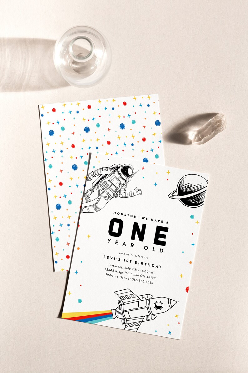 Space First Birthday Invitation Modern Retro Space Birthday Party Astronaut Rocket Spaceship Editable Invitation Template, INSTANT DOWNLOAD image 2