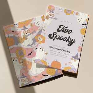 Editable Two Spooky Halloween 2nd Birthday Party Invitation, Retro Ghost Girl Second Birthday Invite, Digital Template Instant Download
